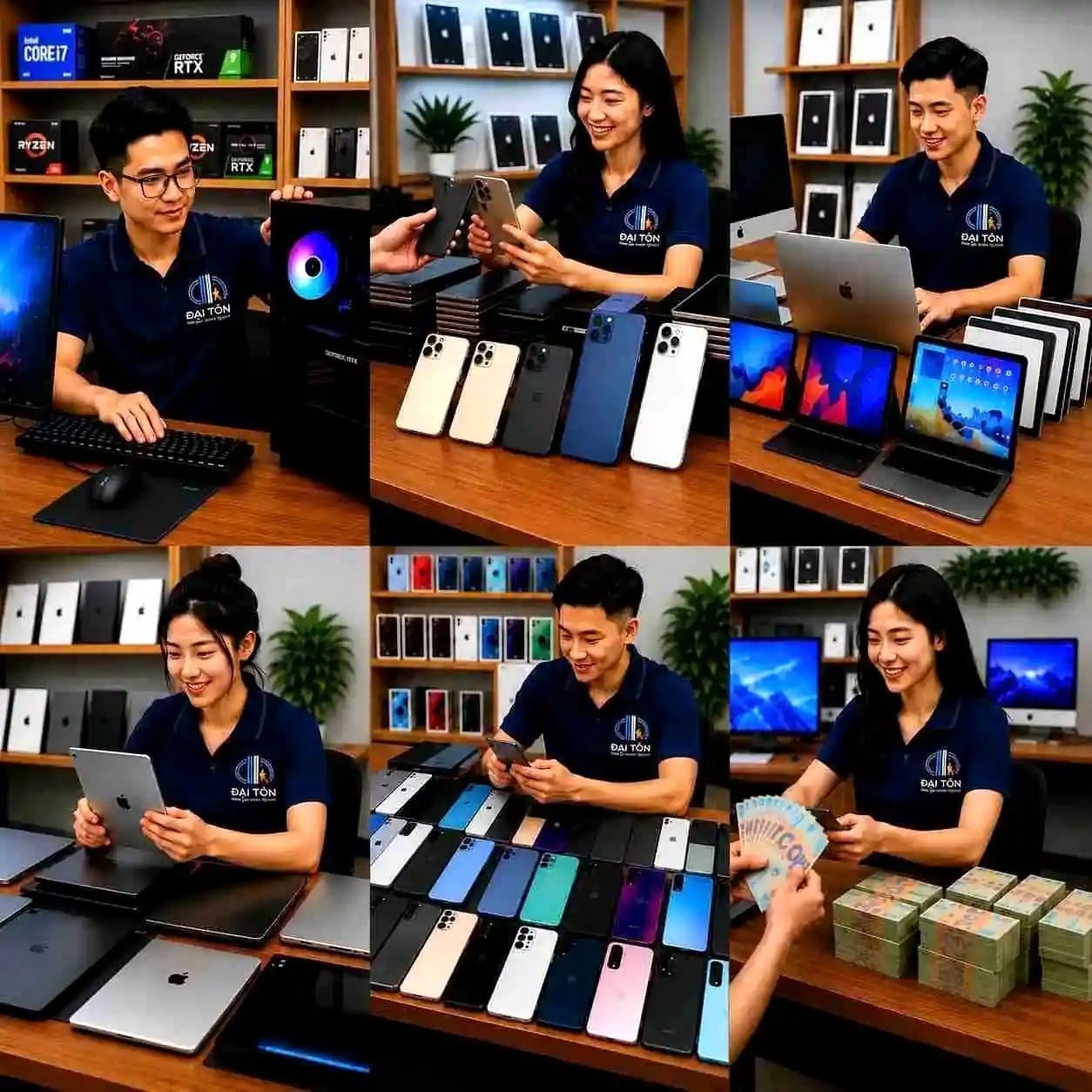 Kỹ thuật viên Đại Tôn kiểm tra máy tính, điện thoại và máy tính bảng khi thu mua.