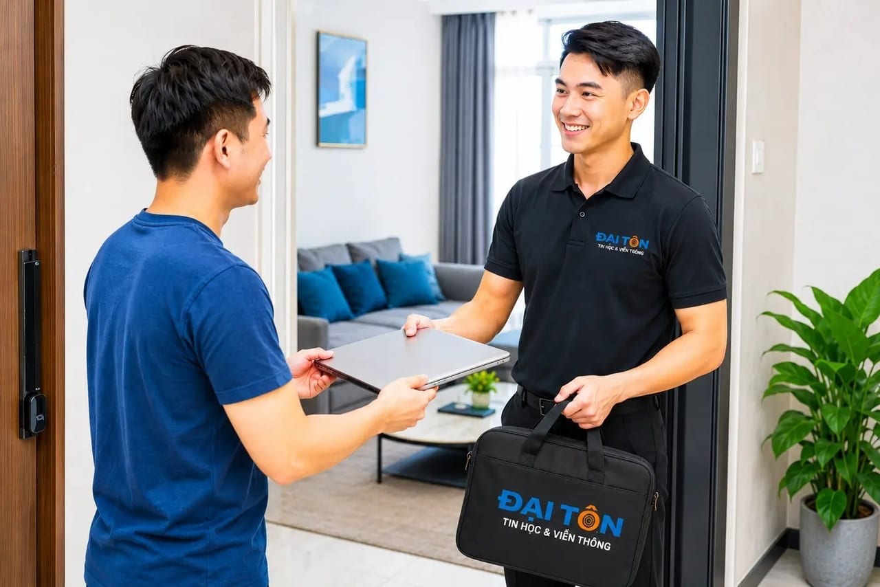 Kỹ thuật viên nhận máy tận nơi và xác nhận thanh toán