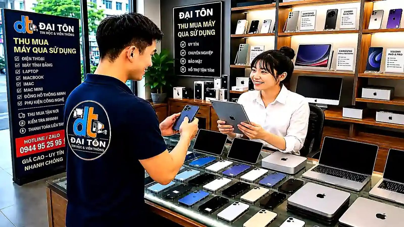 Bàn kiểm tra điện thoại và máy tính bảng cũ trước khi thu mua giá cao