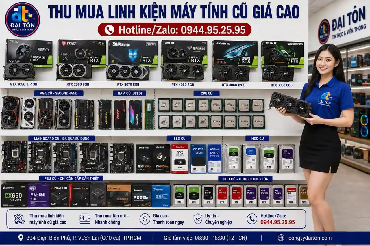 Đại Tôn thu mua linh kiện máy tính gồm VGA, RAM, CPU, SSD, HDD và mainboard giá cao.