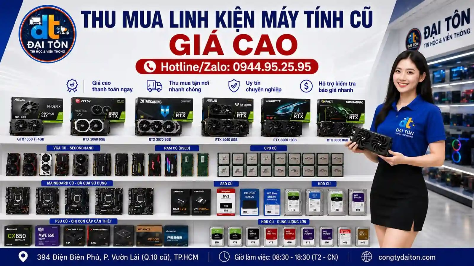 Thu mua linh kiện máy tính cũ gồm RAM, SSD, card màn hình VGA và CPU